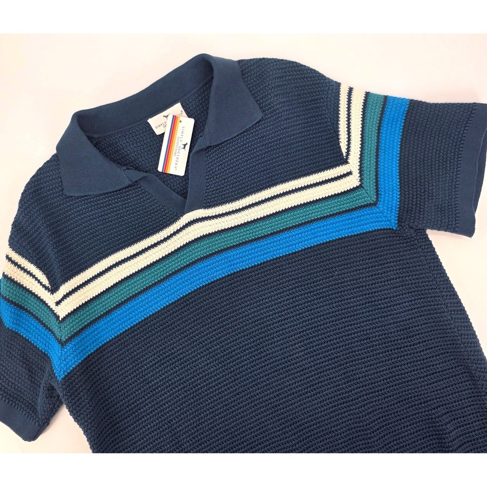 Simply Southern Outfitters Mens Navy Blue Chevron Stripe Knit Polo Shirt Large